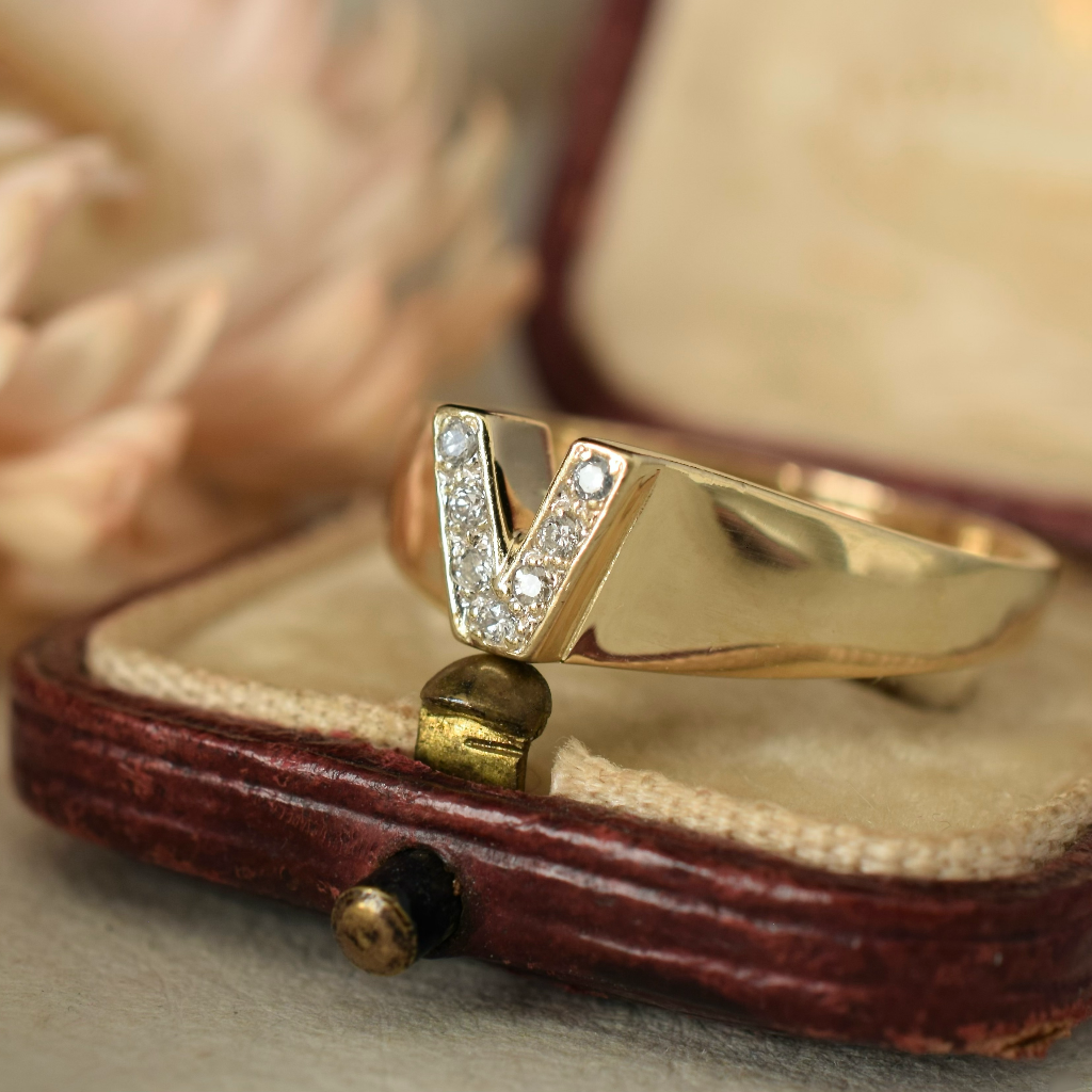 Modern 9ct Yellow Gold And Diamond ‘V’ Initial Ring