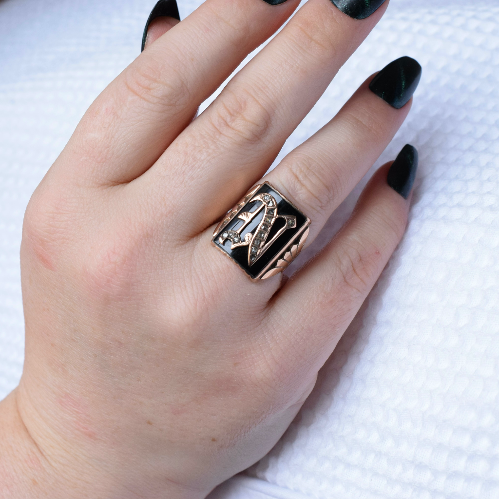 Antique Art Deco 9ct Rose Gold, Onyx And Diamond ’N’ Initial Ring Circa 1930