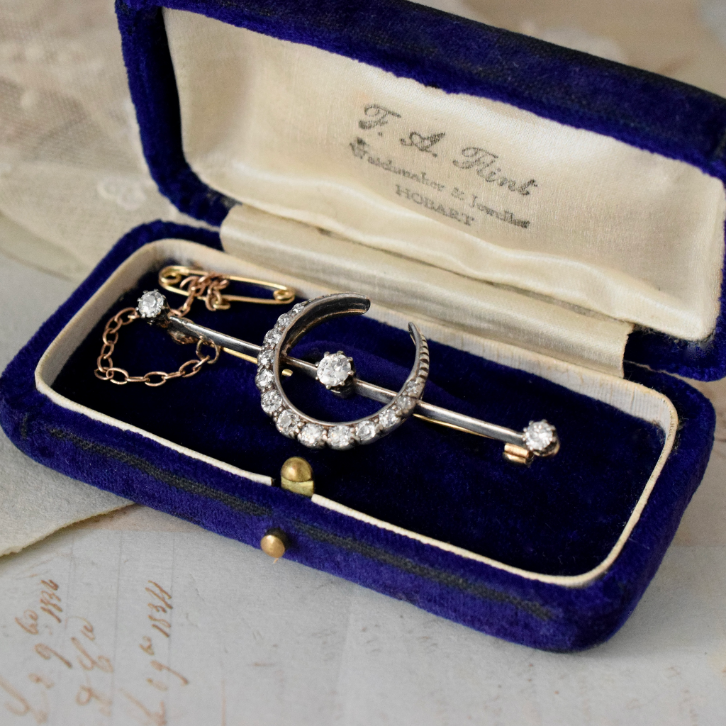 Antique Victorian Diamond Crescent Moon Brooch 15ct Rose Gold And Silver Circa 1890