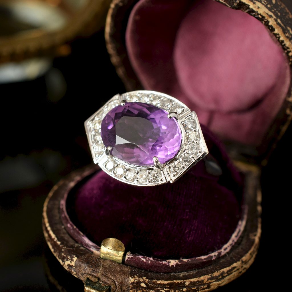 Modern 14ct White Gold Amethyst And Diamond Ring