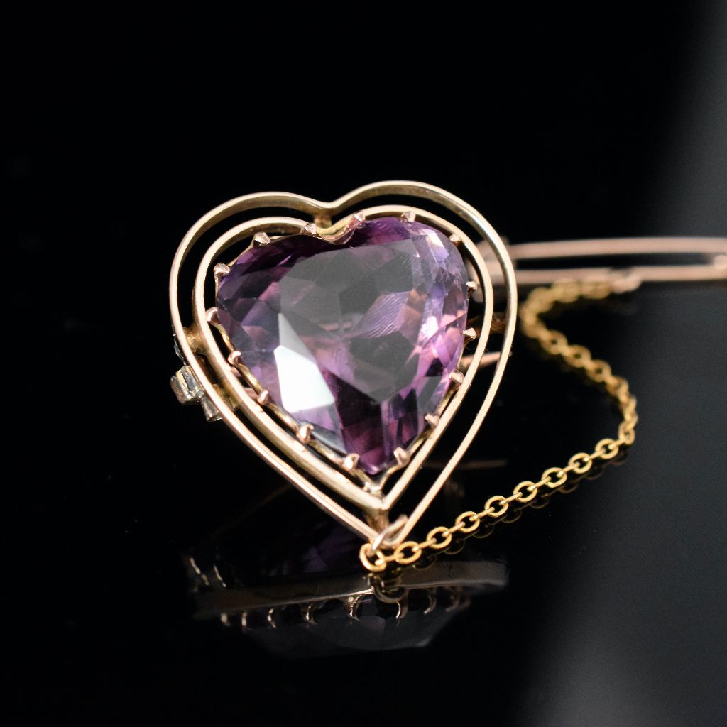 Antique 9ct Rose Gold Carved Natural Amethyst Heart Pendant Circa 1905