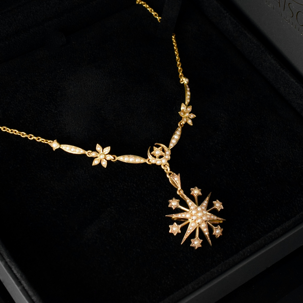 Superb Antique Australian 15ct Yellow Gold Celestial Starburst Pearl Necklace Circa 1905