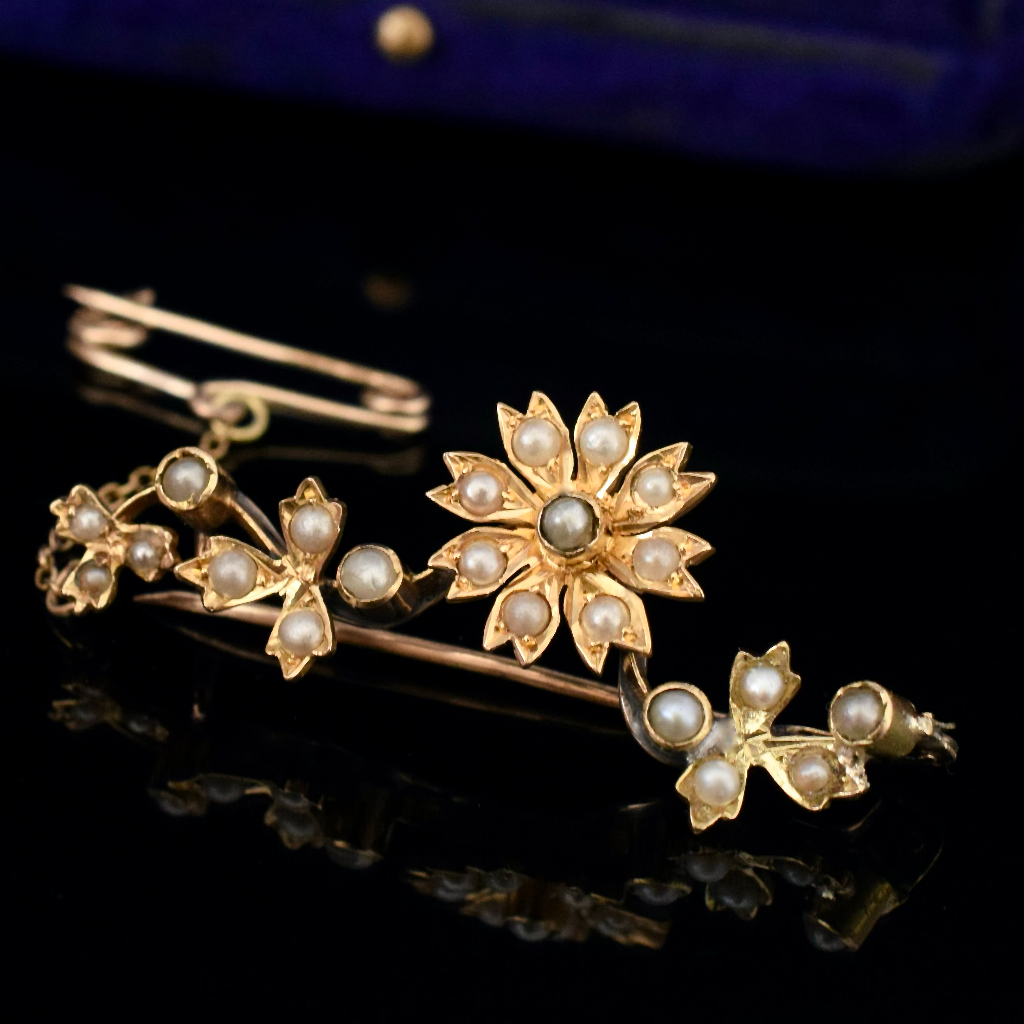 Antique Australian 15ct Yellow Gold Seed Pearl Floral Brooch Circa 1905