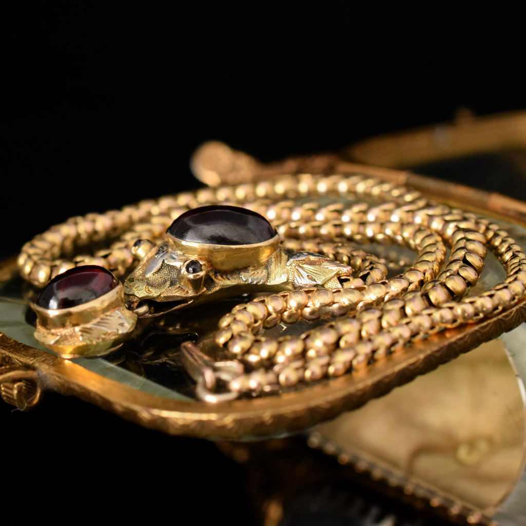 Antique Victorian 18ct Gold Garnet Snake Mourning Necklace Circa 1880