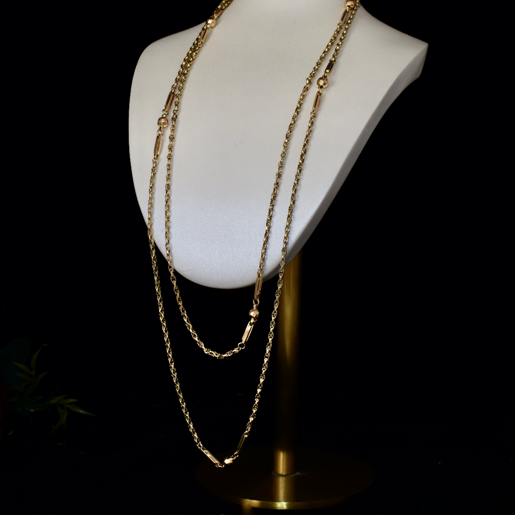 Antique Victorian 9ct Rose Gold Fancy Ball And Link Long Chain Circa 1890