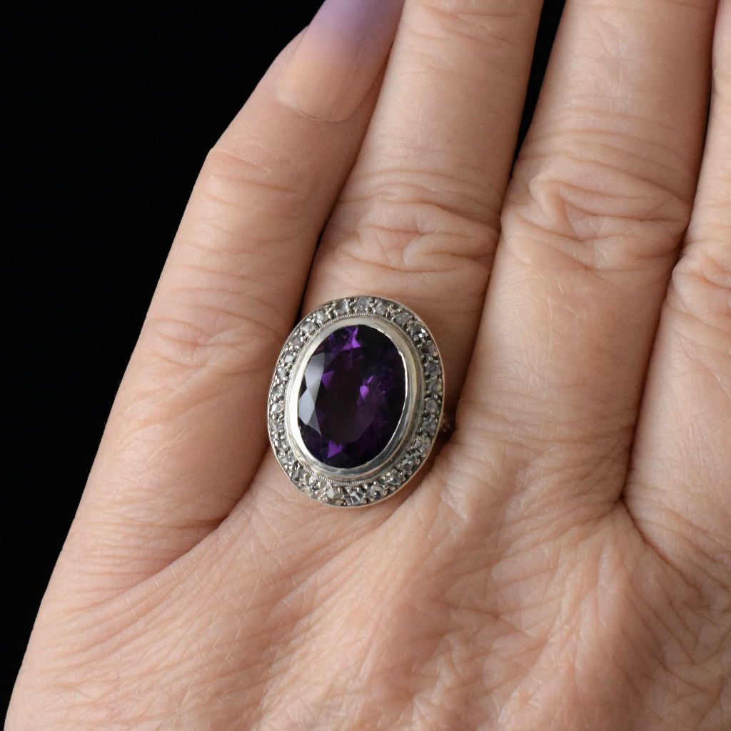 Vintage 18ct Yellow Gold Amethyst Rose Cut Diamond Halo Ring circa 1940 Independent Valuation Included In Purchase For $3,300 AUD