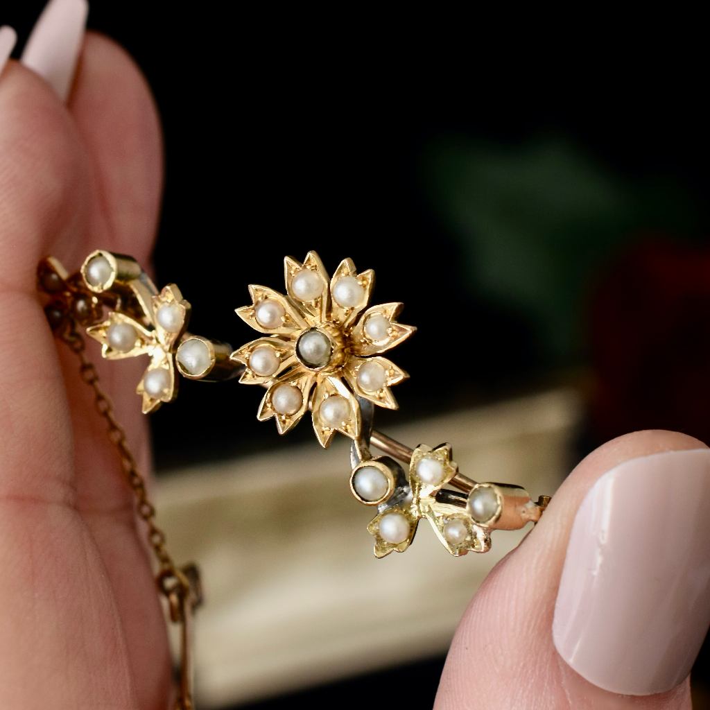 Antique Australian 15ct Yellow Gold Seed Pearl Floral Brooch Circa 1905