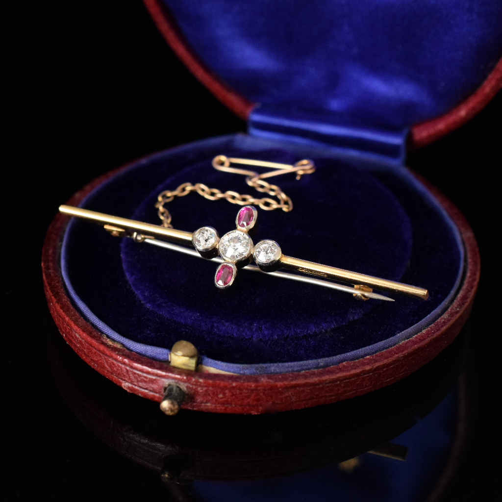 Antique Art Deco 18ct Yellow Gold Diamond And Ruby Bar Brooch Circa 1935 Independent Valuation Included In Purchase For $3175 AUD