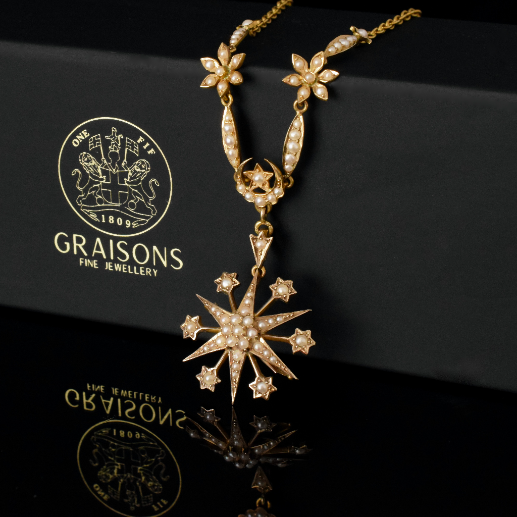 Superb Antique Australian 15ct Yellow Gold Celestial Starburst Pearl Necklace Circa 1905