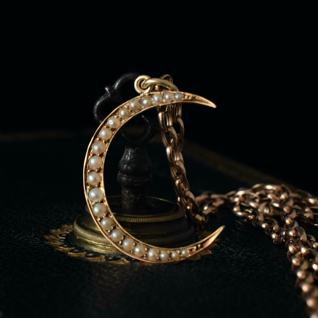 Antique Edwardian 15ct Yellow Gold Seed Pearl Crescent By Henry Birks Circa 1900