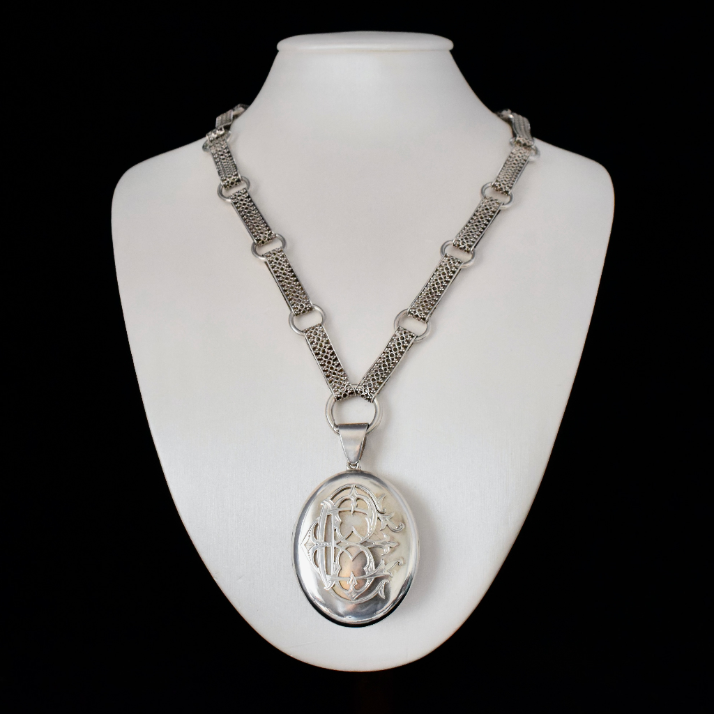 Antique Victorian Sterling Silver Locket Circa 1890 And Vintage Sterling Bookchain