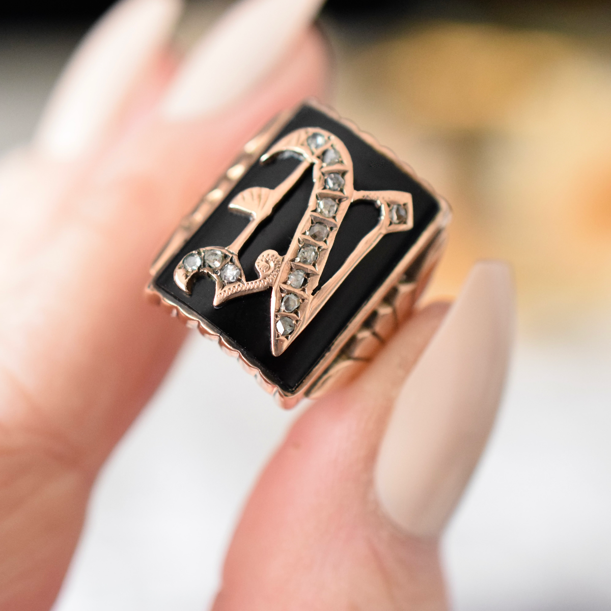 Antique Art Deco 9ct Rose Gold, Onyx And Diamond ’N’ Initial Ring Circa 1930