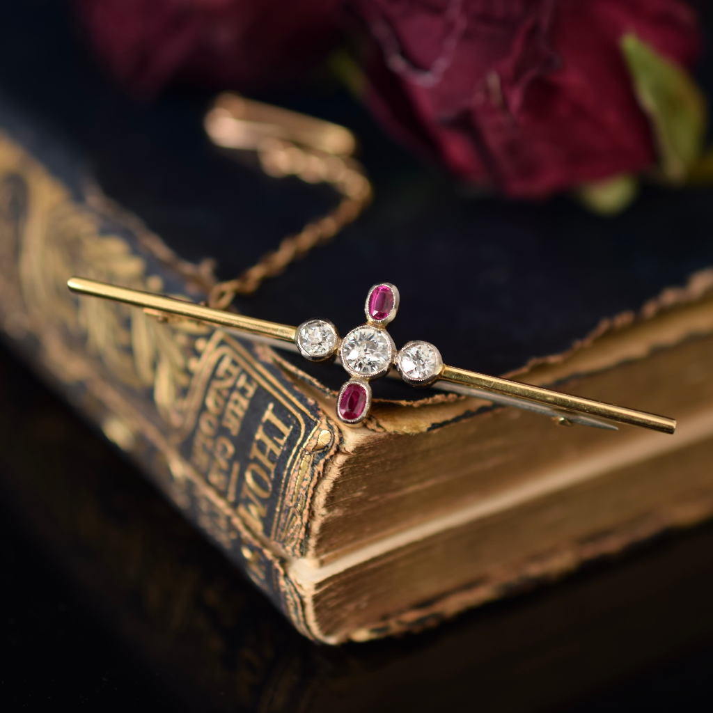 Antique Art Deco 18ct Yellow Gold Diamond And Ruby Bar Brooch Circa 1935 Independent Valuation Included In Purchase For $3175 AUD