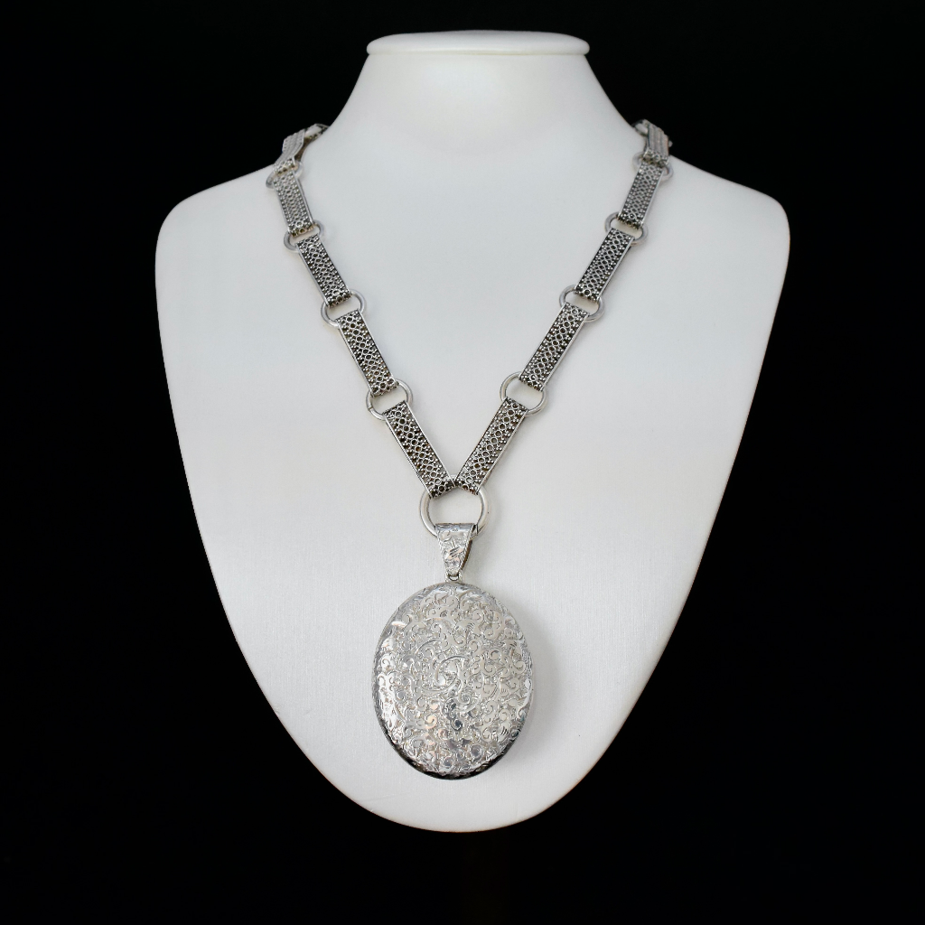 Antique Victorian Sterling Silver Locket Circa 1890 And Vintage Sterling Bookchain