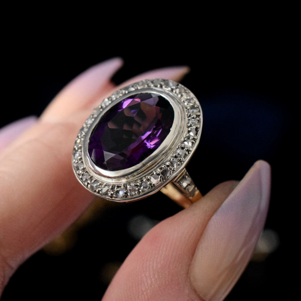 Vintage 18ct Yellow Gold Amethyst Rose Cut Diamond Halo Ring circa 1940 Independent Valuation Included In Purchase For $3,300 AUD