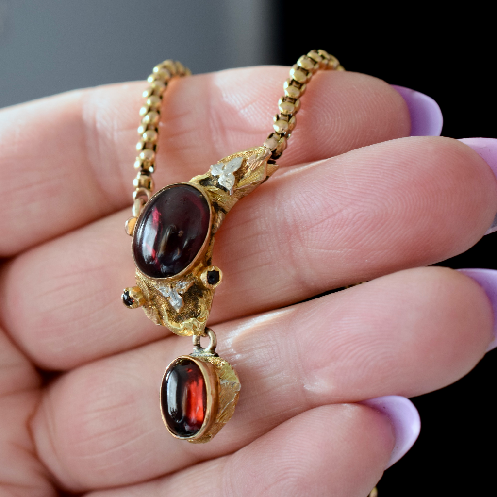 Antique Victorian 18ct Gold Garnet Snake Mourning Necklace Circa 1880