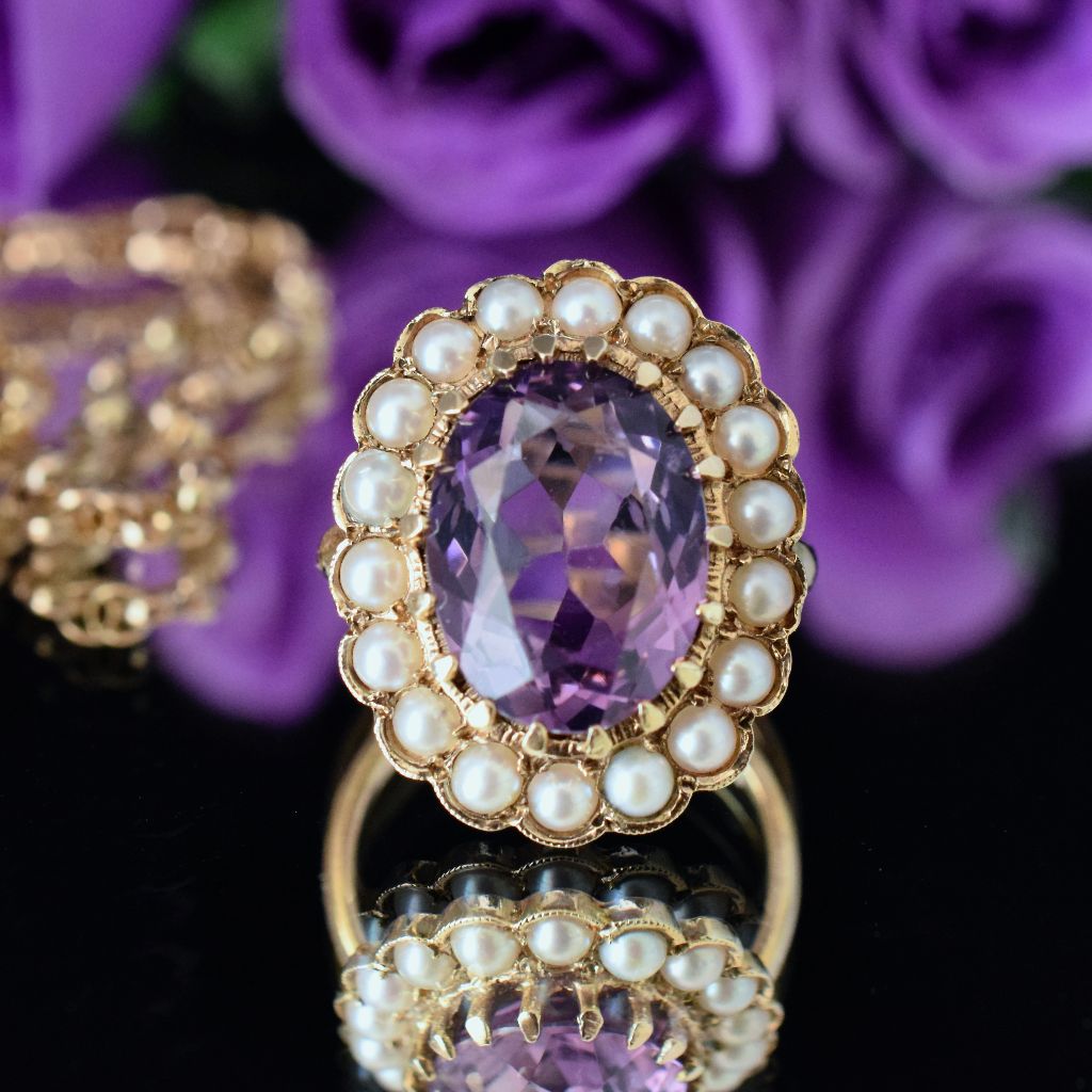 Antique Victorian 9ct Yellow Gold Amethyst Split Pearl Ring