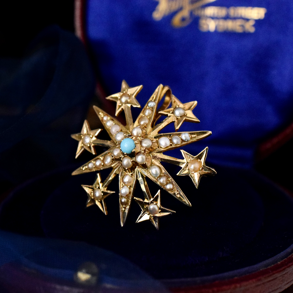 Antique Edwardian 15ct Yellow Gold Turquoise Seed Pearl Starburst Brooch/Pendant