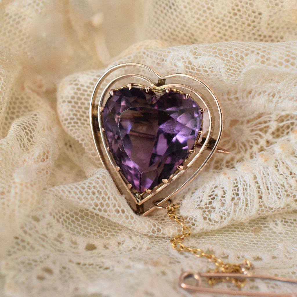 Antique 9ct Rose Gold Carved Natural Amethyst Heart Pendant Circa 1905