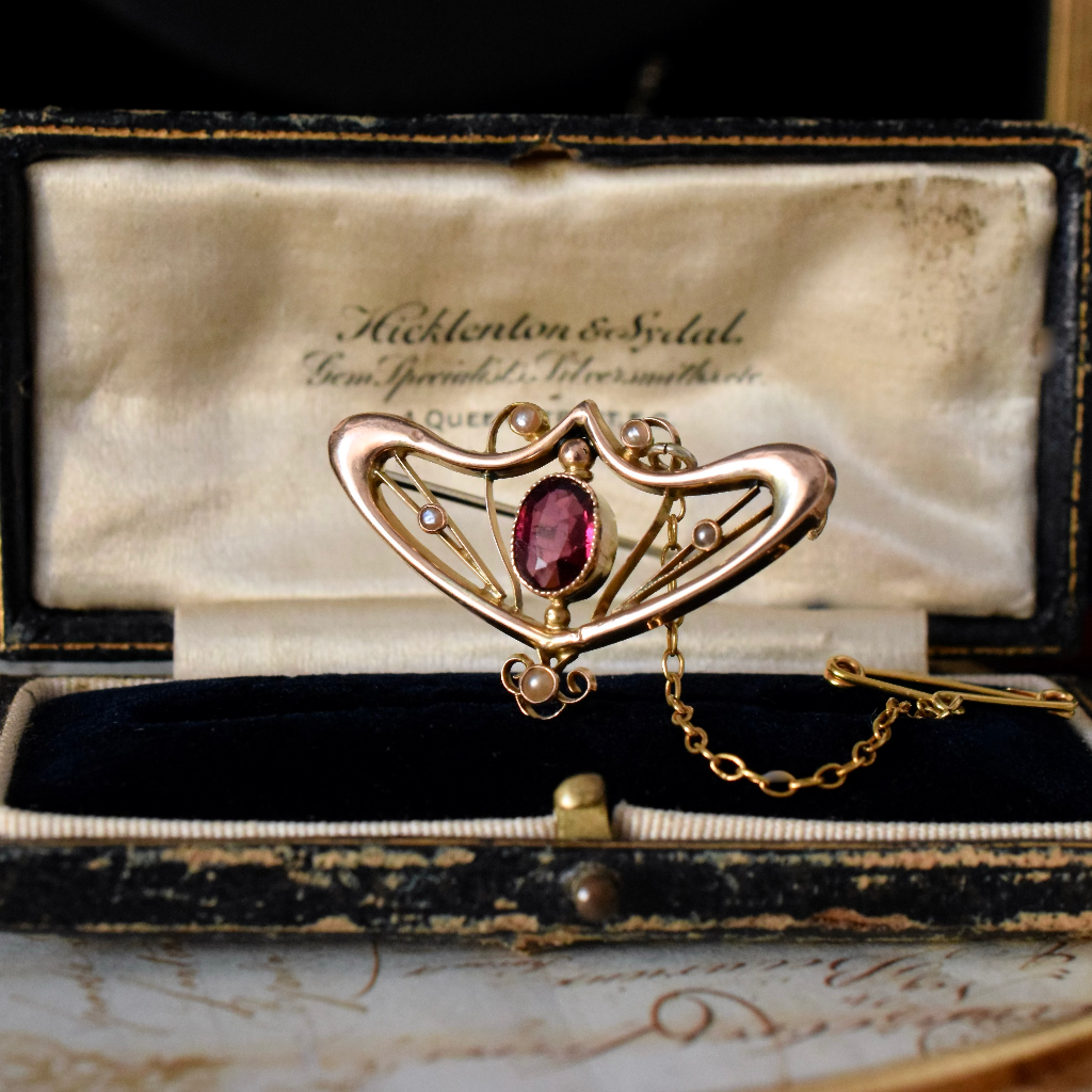 Antique Australian 9ct Rose Gold And Garnet Brooch By ‘Taylor and Sharp’ Circa 1905