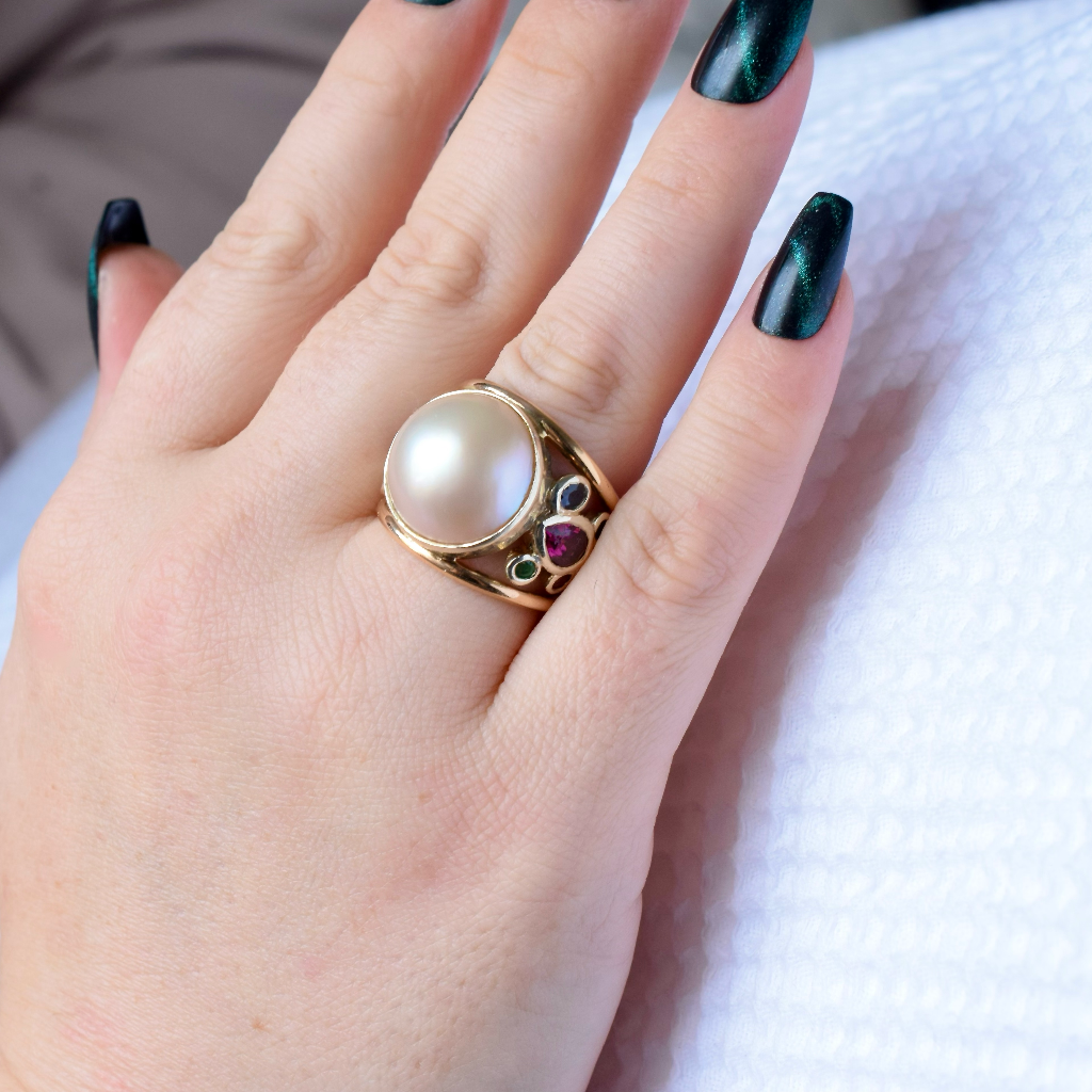 Modern 18ct Yellow Gold Mabe Pearl Sapphire, Ruby, Emerald Diamond Ring (Independent Valuation Included In Purchase For - $8000)