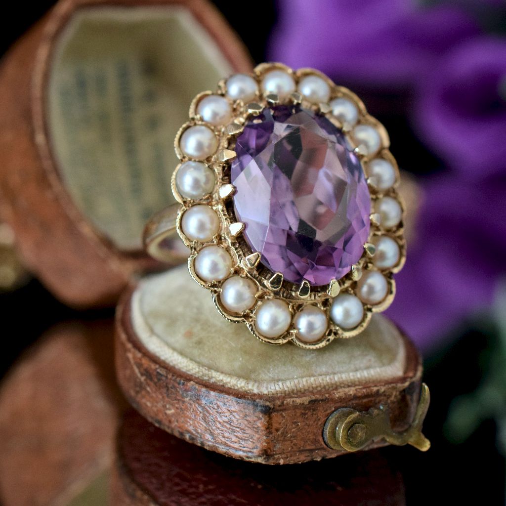 Antique Victorian 9ct Yellow Gold Amethyst Split Pearl Ring