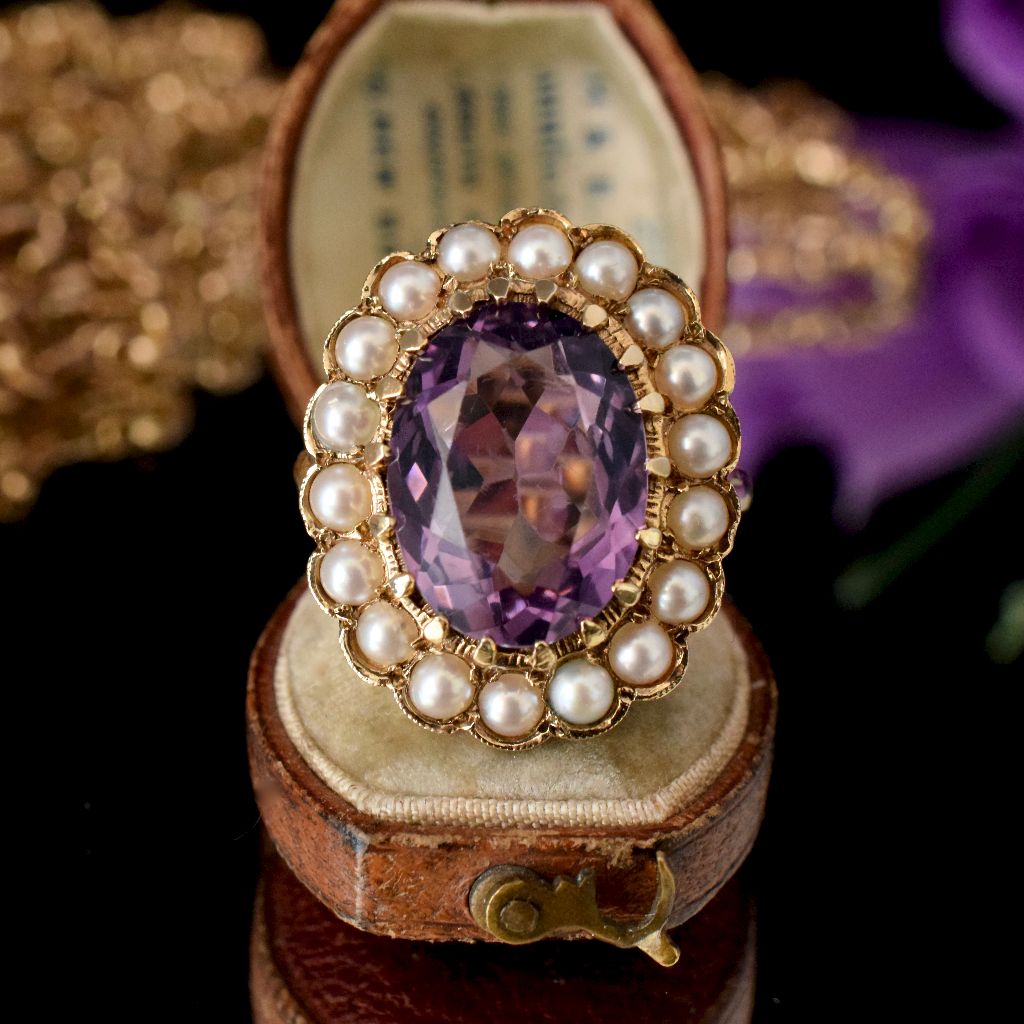 Antique Victorian 9ct Yellow Gold Amethyst Split Pearl Ring