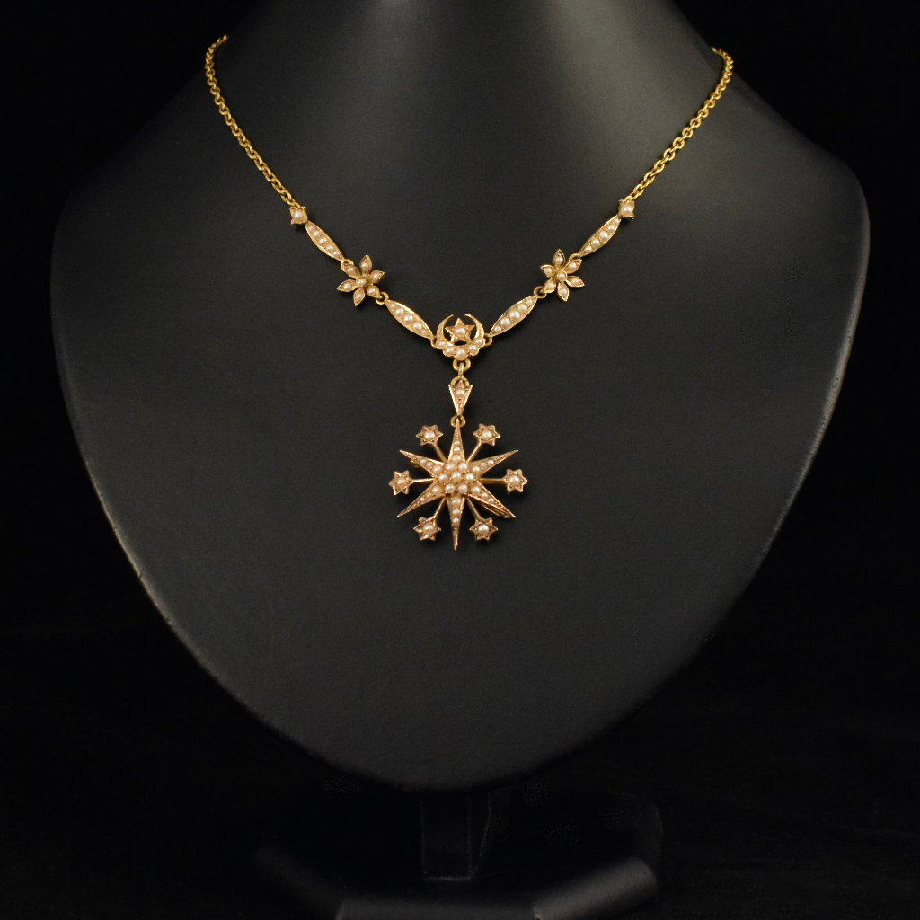 Superb Antique Australian 15ct Yellow Gold Celestial Starburst Pearl Necklace Circa 1905