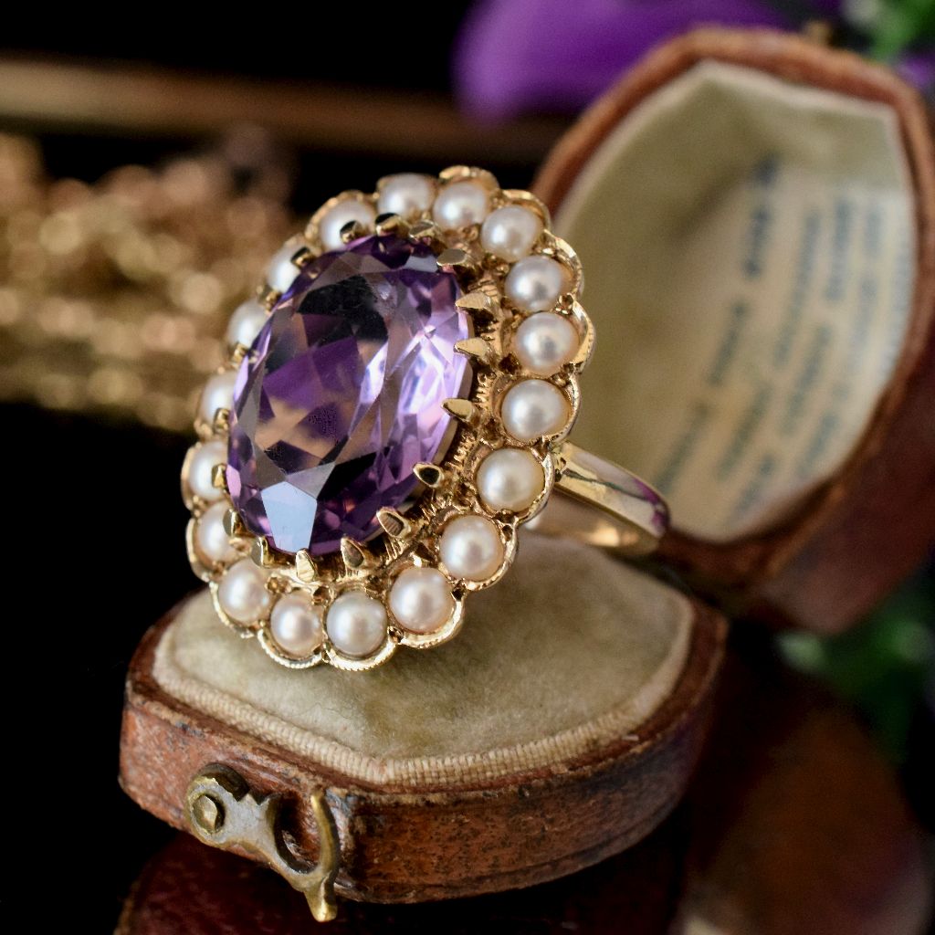 Antique Victorian 9ct Yellow Gold Amethyst Split Pearl Ring