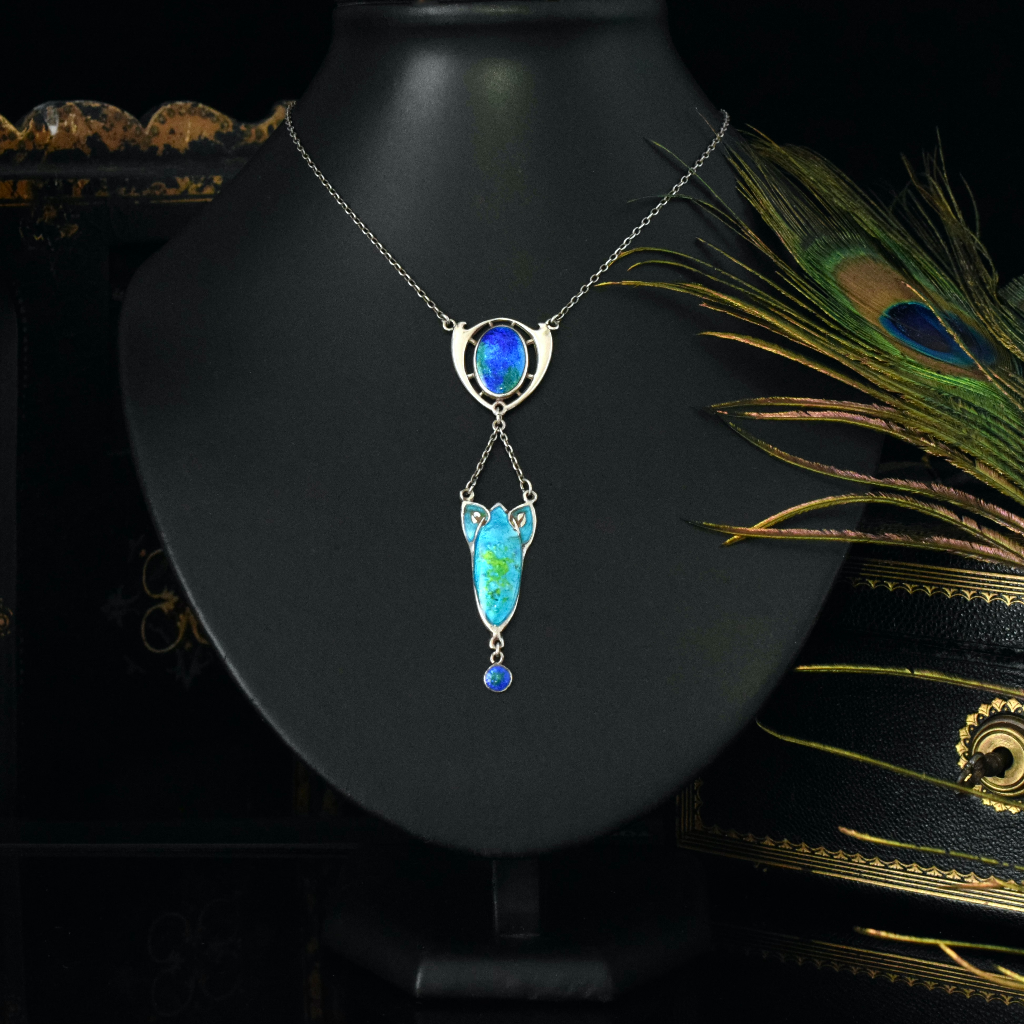 Antique Art Nouveau Sterling Silver Enamel Necklace by Charles Horner 1909