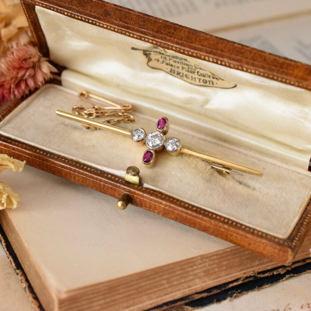 Antique Art Deco 18ct Yellow Gold Diamond And Ruby Bar Brooch Circa 1935 Independent Valuation Included In Purchase For $3175 AUD