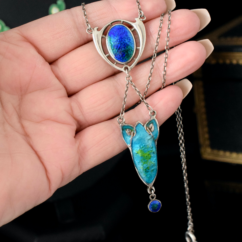 Antique Art Nouveau Sterling Silver Enamel Necklace by Charles Horner 1909