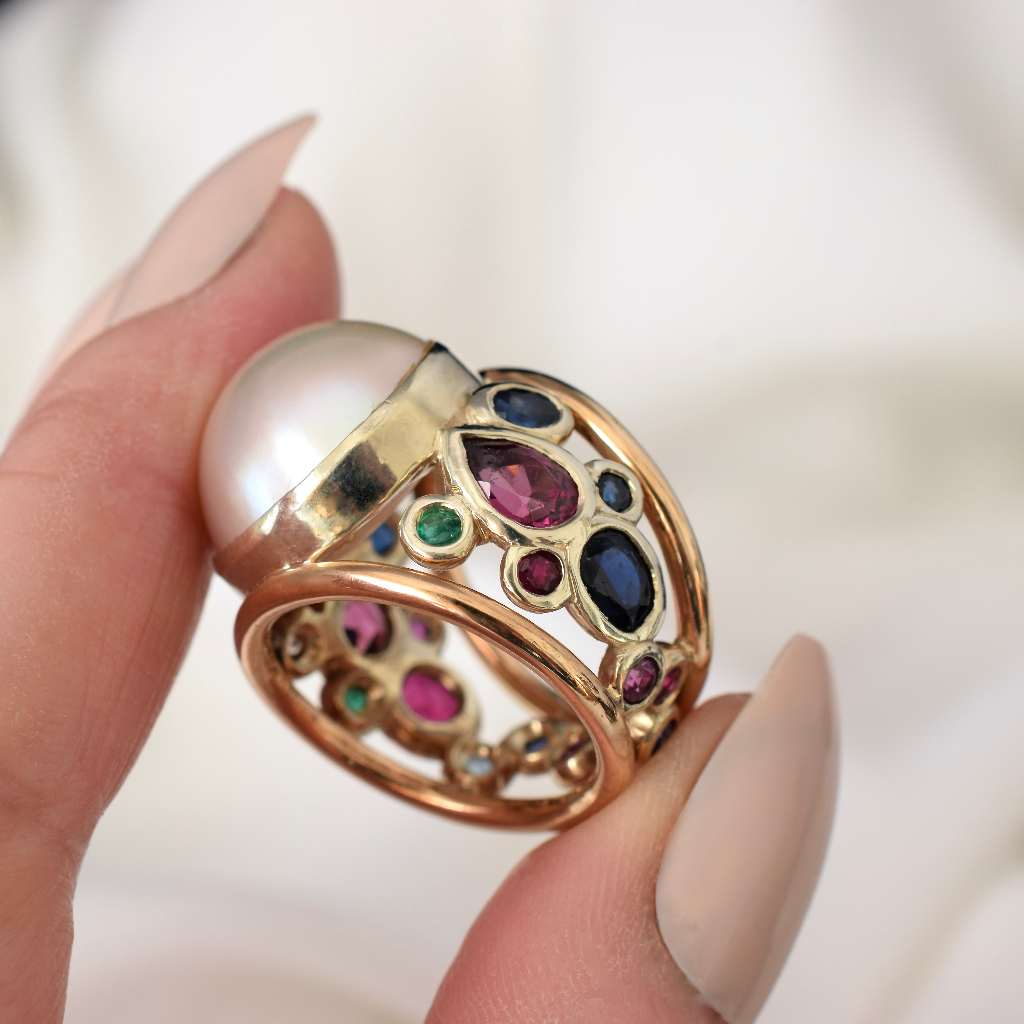 Modern 18ct Yellow Gold Mabe Pearl Sapphire, Ruby, Emerald Diamond Ring (Independent Valuation Included In Purchase For - $8000)