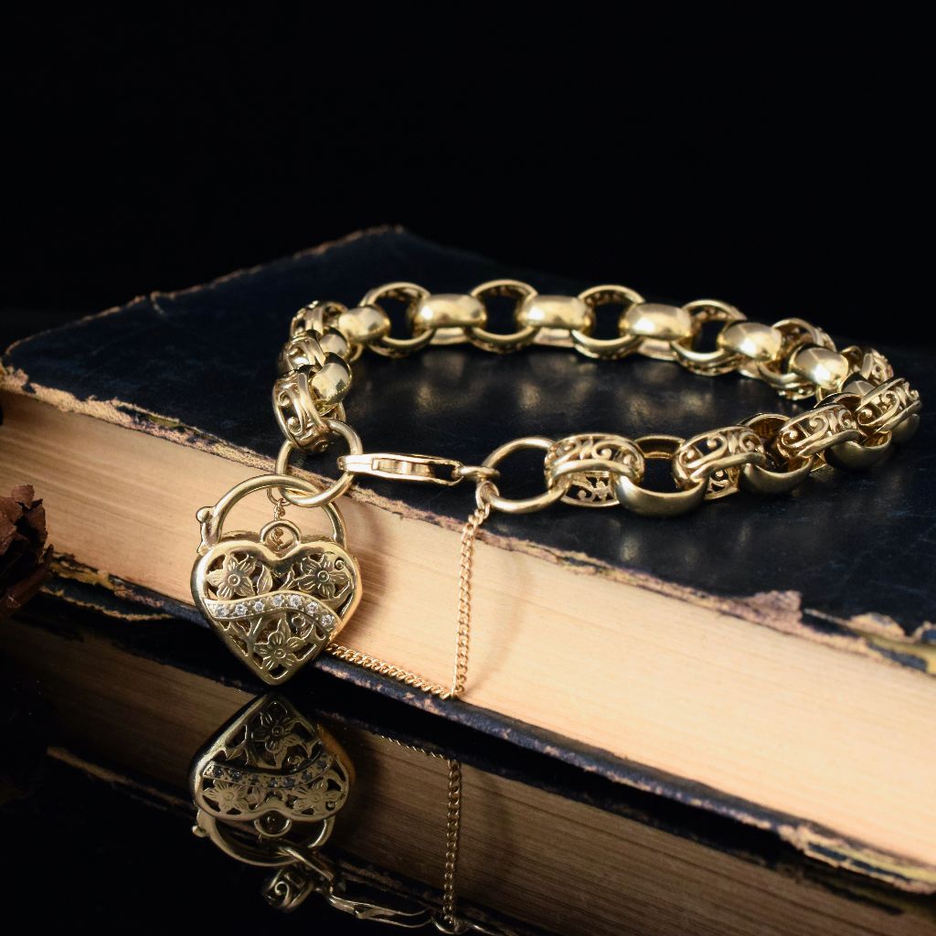 Modern 9ct Yellow Gold Fancy Belcher Link Bracelet With Diamond Padlock