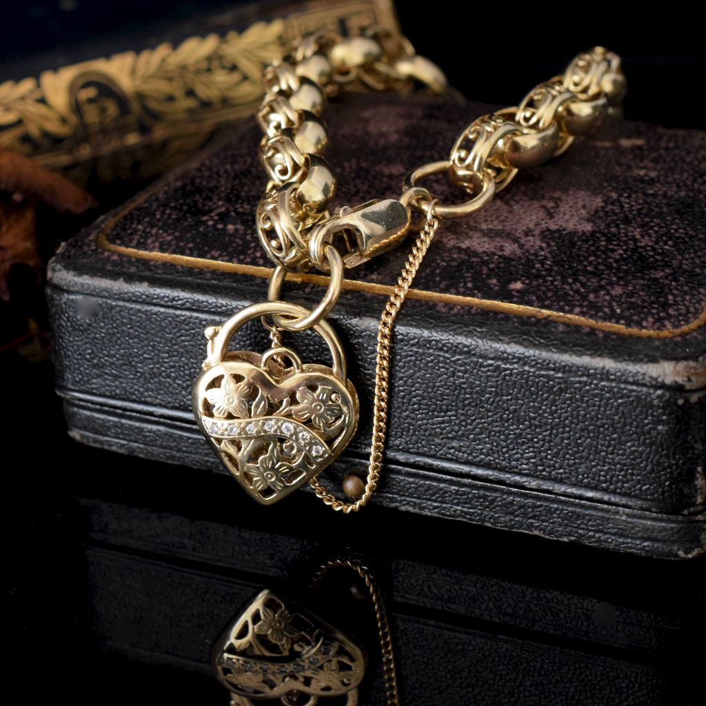 Modern 9ct Yellow Gold Fancy Belcher Link Bracelet With Diamond Padlock