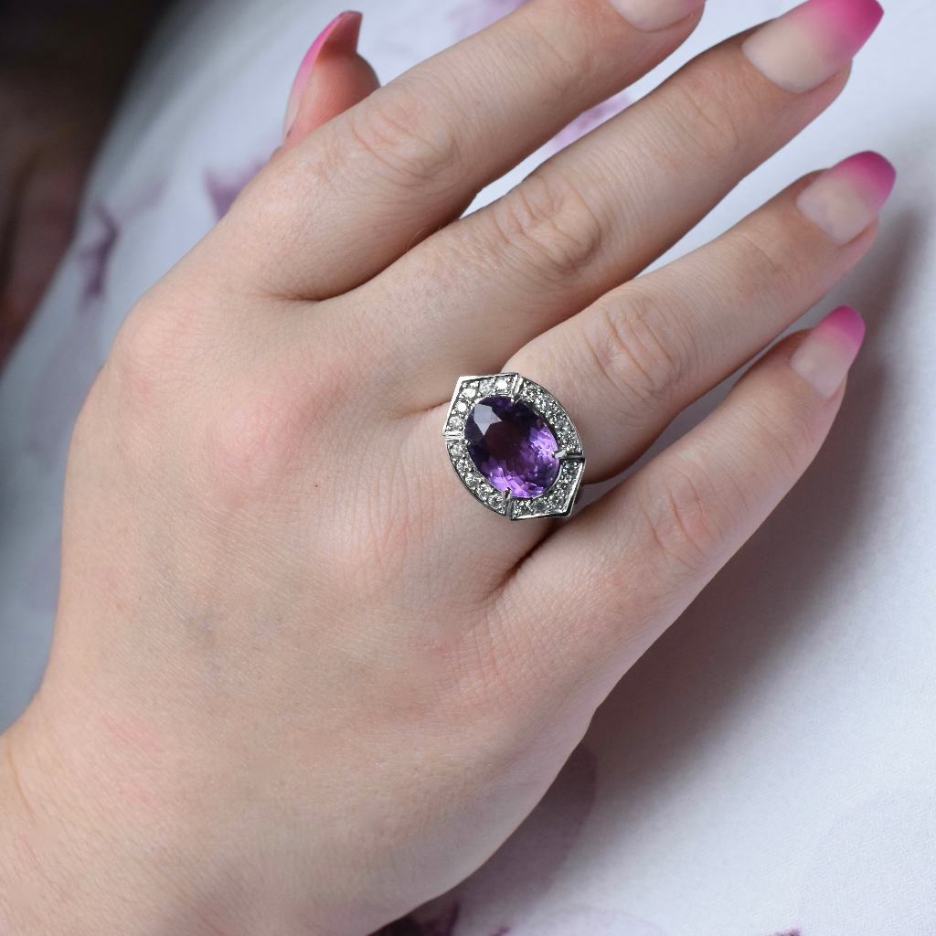 Modern 14ct White Gold Amethyst And Diamond Ring