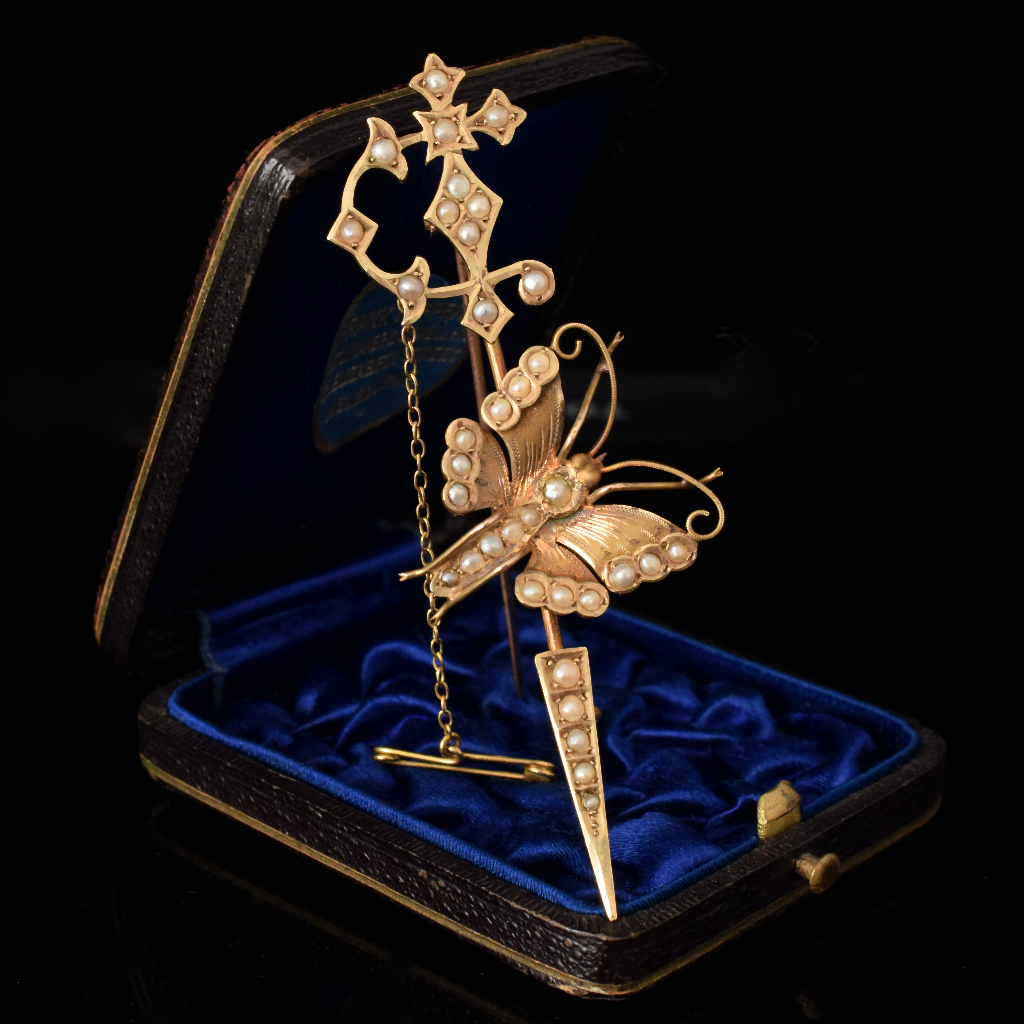 Antique Australian Willis and Sons 15ct Gold Seed Pearl Butterfly Arrow Brooch Circa 1910