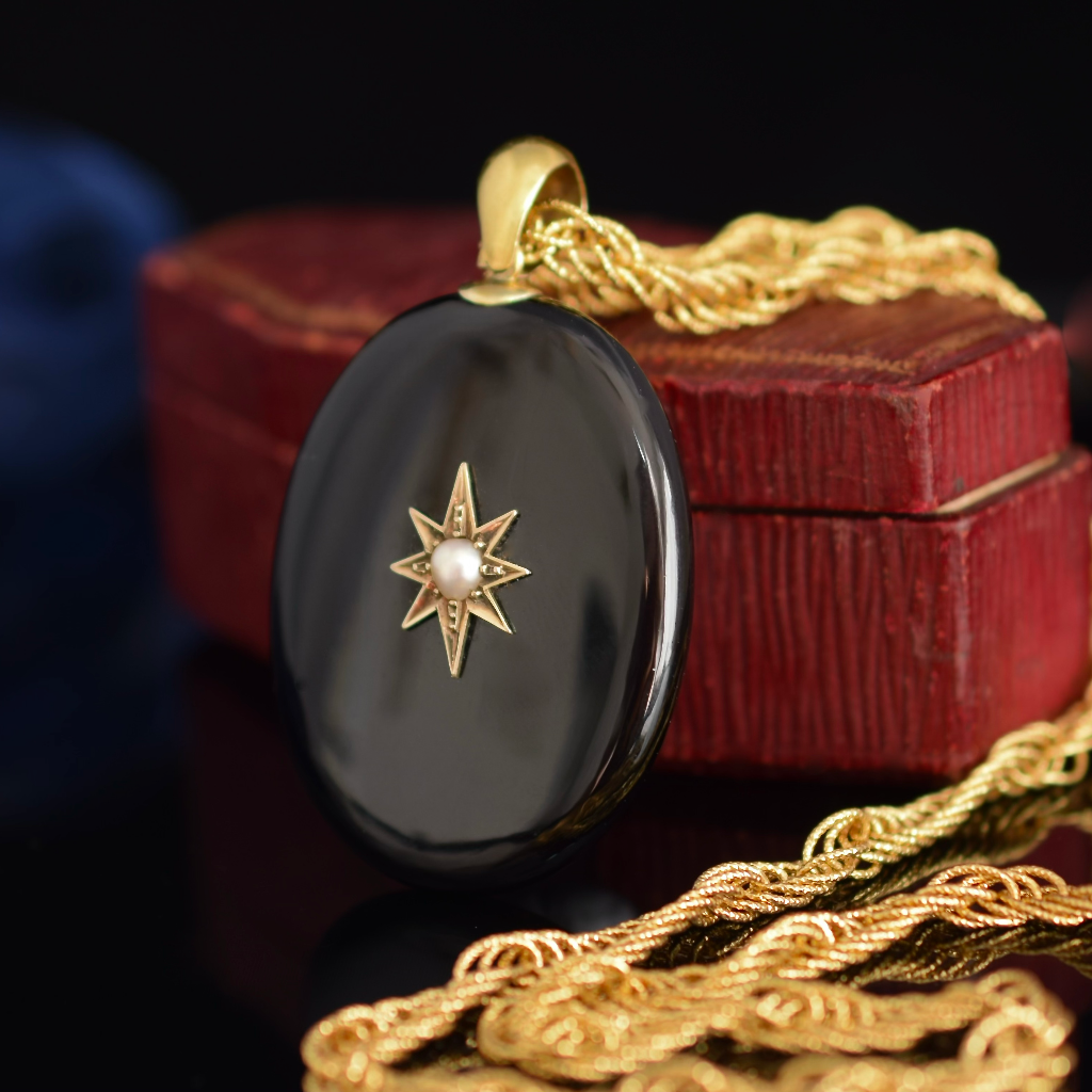 Antique Victorian 18ct Gold Onyx And Pearl Locket Pendant Circa 1880