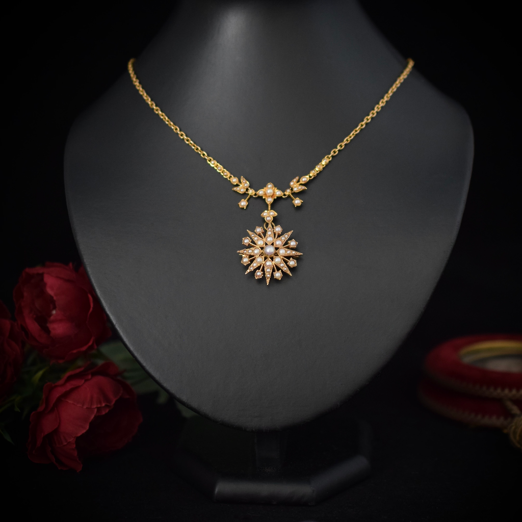 Superb Antique Edwardian 9ct Yellow Gold Pearl Celestial Starburst Necklace - London 1912