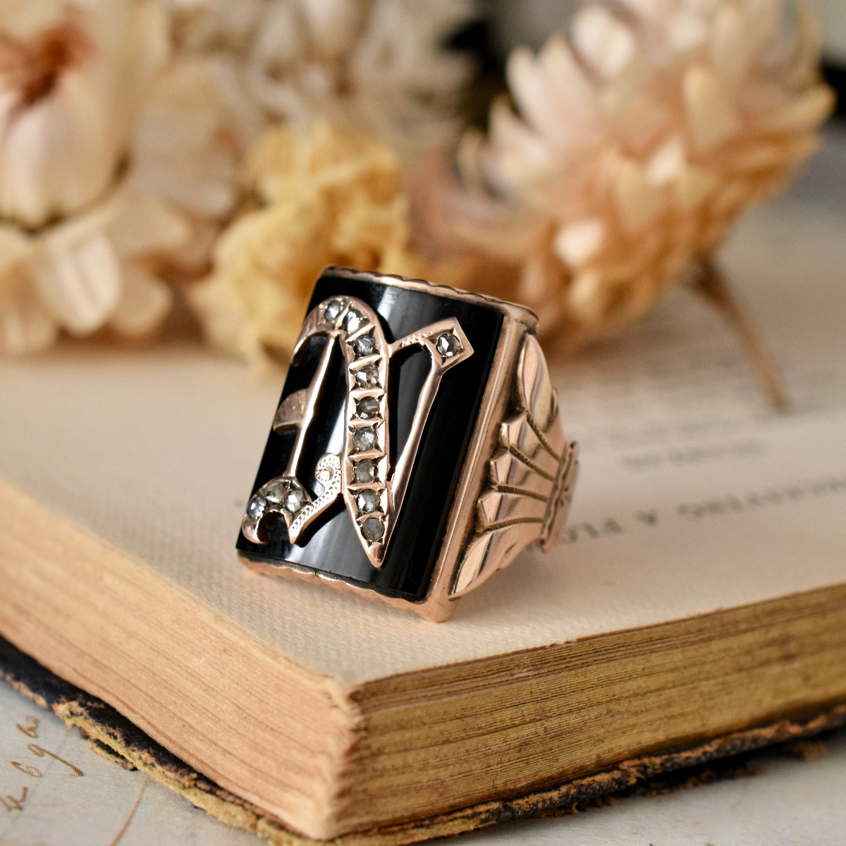 Antique Art Deco 9ct Rose Gold, Onyx And Diamond ’N’ Initial Ring Circa 1930