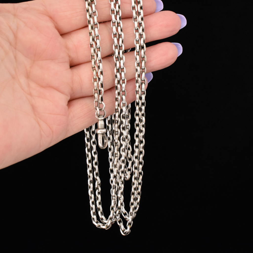 Antique Victorian Sterling Silver Long Guard ‘Muff’ Chain Circa 1880