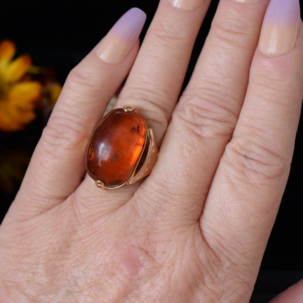Vintage 14k Soviet Russian Rose/Pink Gold Amber Ring Circa 1970