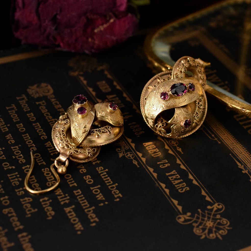 Antique Victorian 18ct Yellow Gold And Garnet Earrings Circa 1870