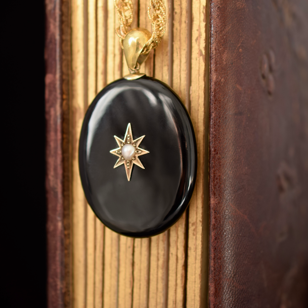 Antique Victorian 18ct Gold Onyx And Pearl Locket Pendant Circa 1880