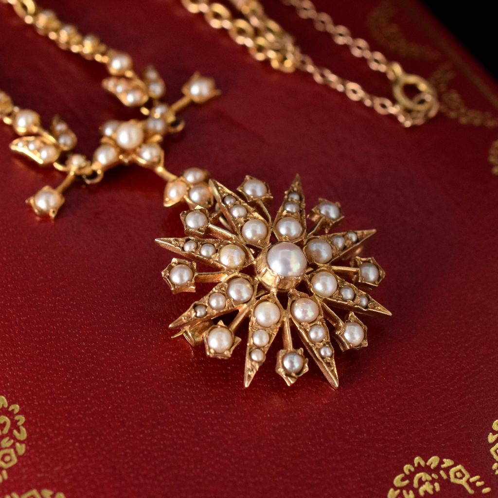 Superb Antique Edwardian 9ct Yellow Gold Pearl Celestial Starburst Necklace - London 1912