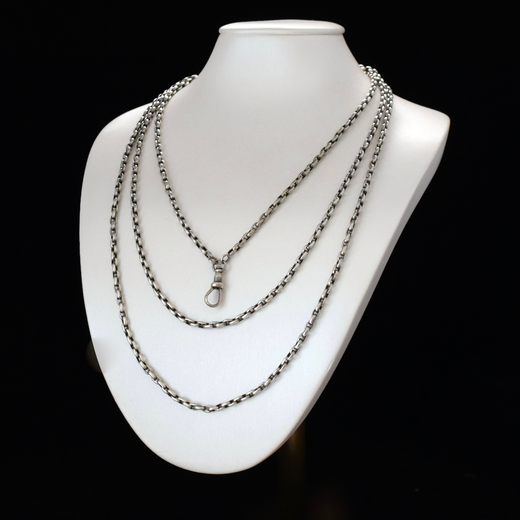 Antique Victorian Sterling Silver Long Guard ‘Muff’ Chain Circa 1880