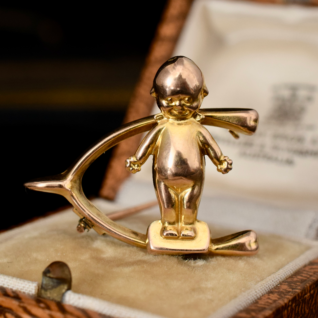 Antique Australian 9ct Rose Gold ‘Kewpie’ Wishbone Brooch By Willis and Sons Circa 1912