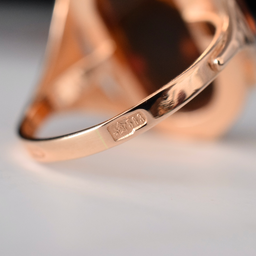 Vintage 14k Soviet Russian Rose/Pink Gold Amber Ring Circa 1970
