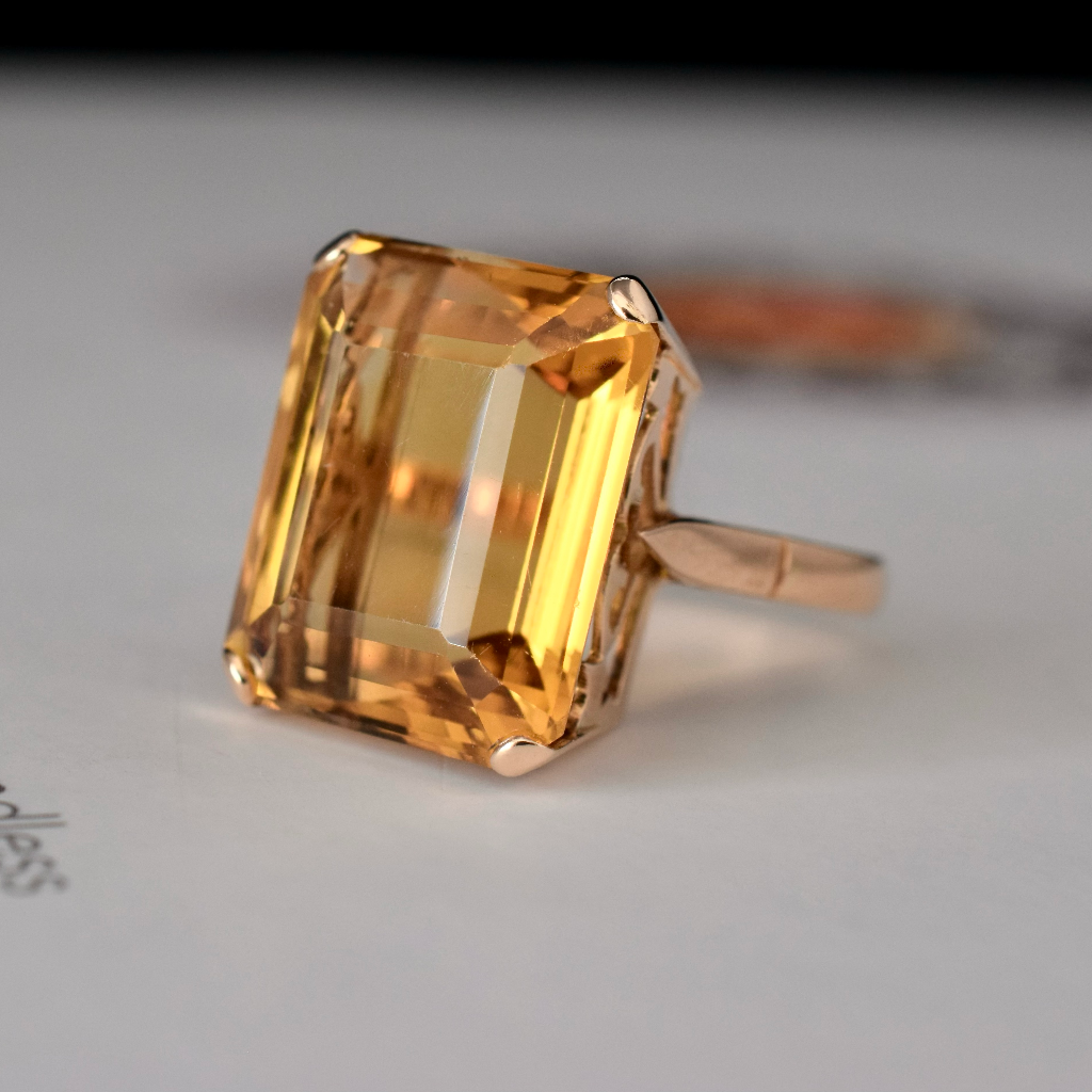Vintage 9ct Rose Gold Rectangular Cut Citrine Ring Circa 1970