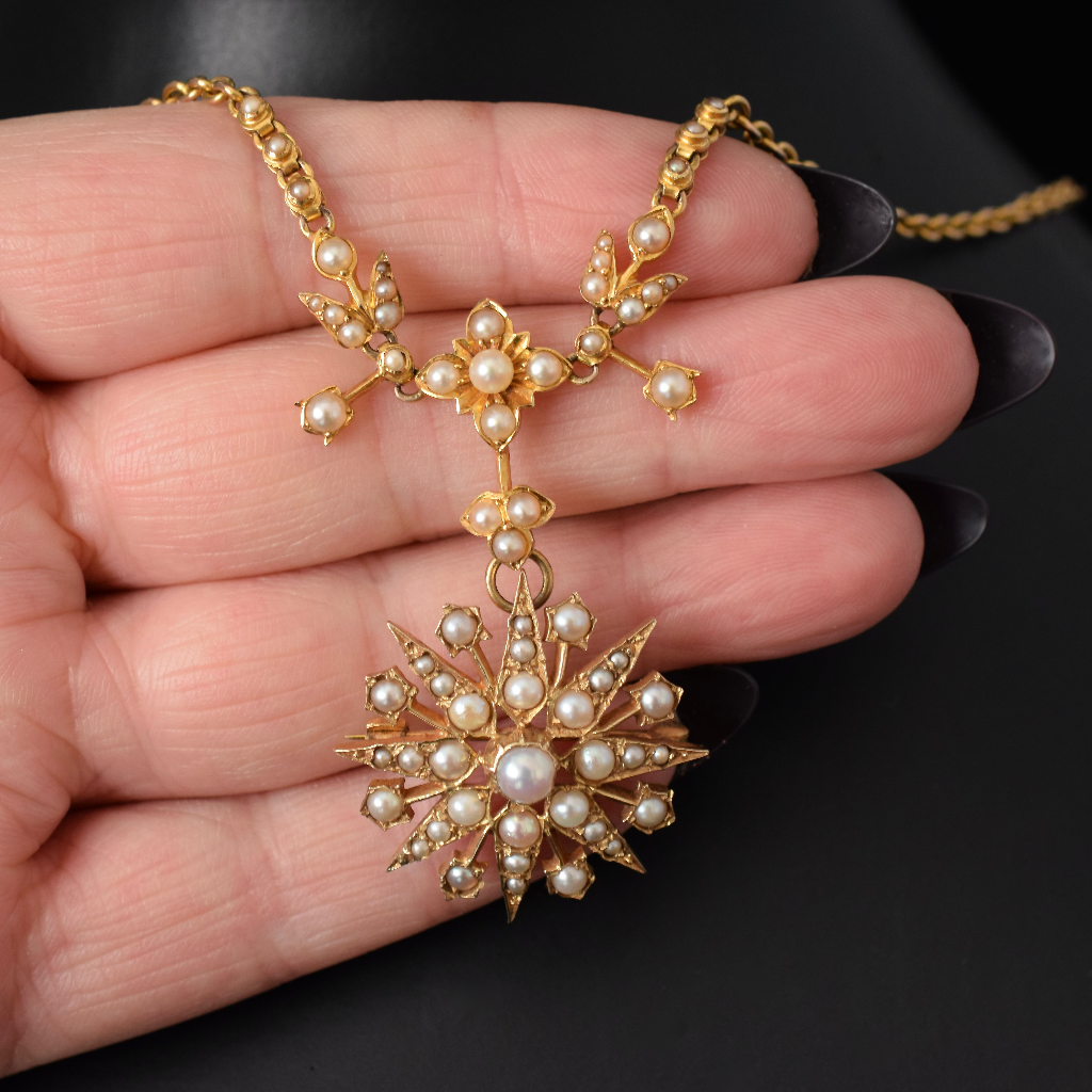 Superb Antique Edwardian 9ct Yellow Gold Pearl Celestial Starburst Necklace - London 1912